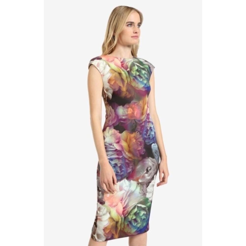 Ted Baker Mayzi Technicolor Bloom Midi Dress Scuba Exposed Zipper | 2 US 6 EUC